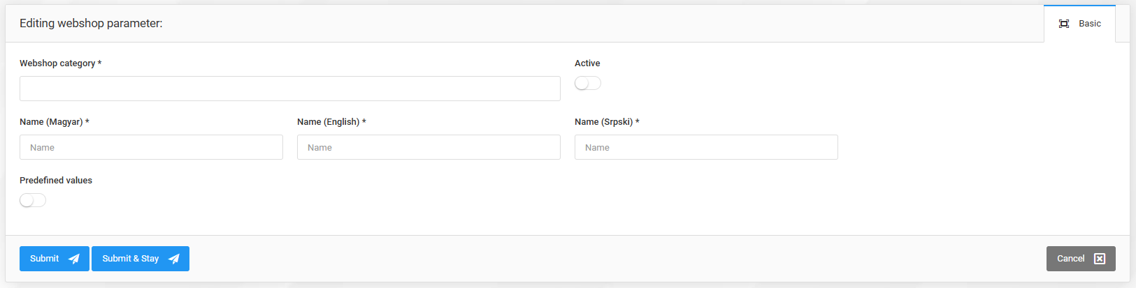 Webshop parameters